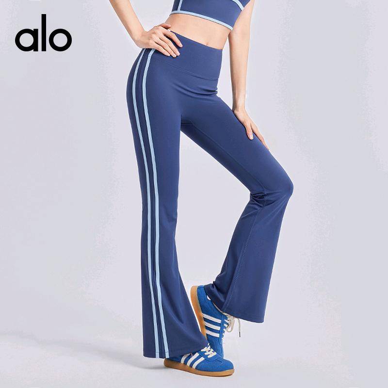 ALO YOGA💰73💎支持一件代发
aloyoga裸感弹力运动健身高腰提臀瑜伽条纹喇叭裤
【品牌】ALO 
【款号】JYMK148
【面料】聚酯纤维/氨纶
【颜色】星耀黑，香鲸蓝，海岩灰
【尺码】S，M，L，XL，XXL
 专柜同款品质，厂家直销，货源充足，售后保障