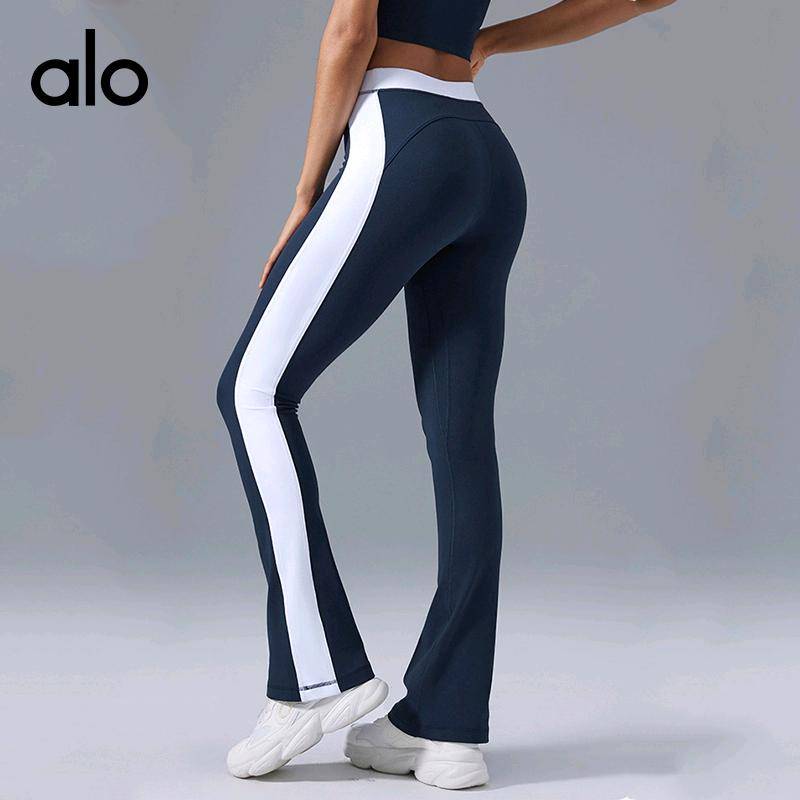 ALO YOGA💰93💎支持一件代发
aloyoga裸感撞色微喇裤外穿高腰提臀显瘦塑形健身瑜伽裤
【品牌】ALO 
【款号】D25092
【面料】锦纶/氨纶
【颜色】徽章蓝，黑色
【尺码】4，6，8，10，12
 专柜同款品质，厂家直销，货源充足，售后保障