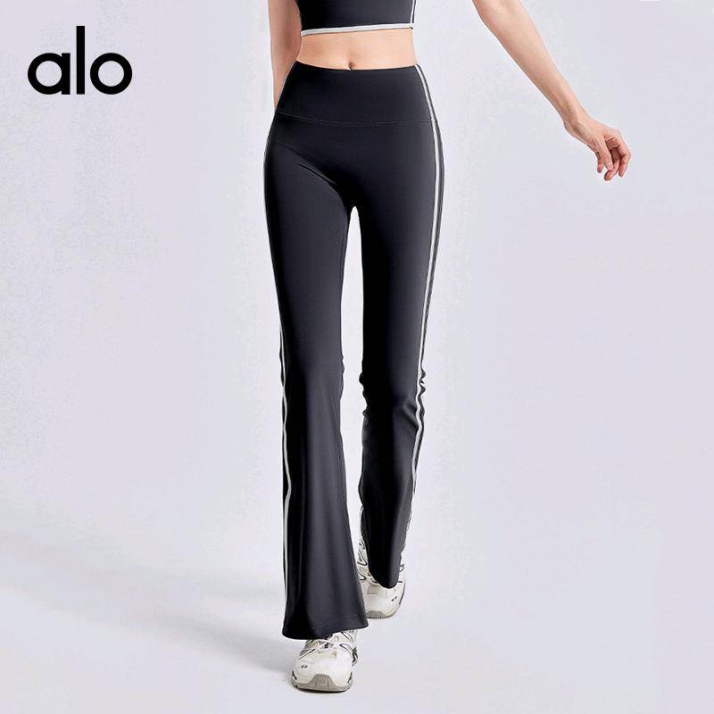 ALO YOGA💰73💎支持一件代发
aloyoga裸感弹力运动健身高腰提臀瑜伽条纹喇叭裤
【品牌】ALO 
【款号】JYMK148
【面料】聚酯纤维/氨纶
【颜色】星耀黑，香鲸蓝，海岩灰
【尺码】S，M，L，XL，XXL
 专柜同款品质，厂家直销，货源充足，售后保障