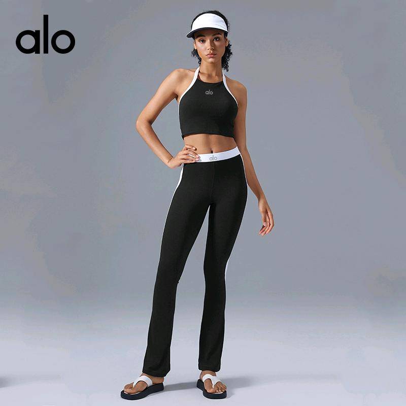 ALO YOGA💰93💎支持一件代发
aloyoga裸感撞色微喇裤外穿高腰提臀显瘦塑形健身瑜伽裤
【品牌】ALO 
【款号】D25092
【面料】锦纶/氨纶
【颜色】徽章蓝，黑色
【尺码】4，6，8，10，12
 专柜同款品质，厂家直销，货源充足，售后保障
