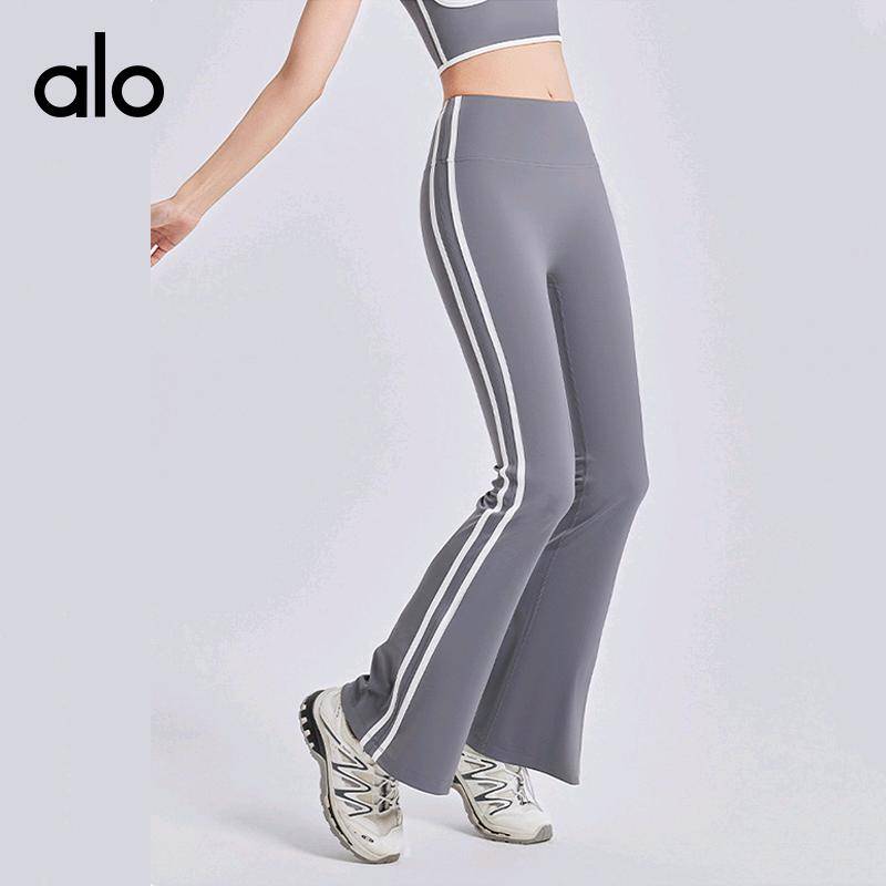 ALO YOGA💰73💎支持一件代发
aloyoga裸感弹力运动健身高腰提臀瑜伽条纹喇叭裤
【品牌】ALO 
【款号】JYMK148
【面料】聚酯纤维/氨纶
【颜色】星耀黑，香鲸蓝，海岩灰
【尺码】S，M，L，XL，XXL
 专柜同款品质，厂家直销，货源充足，售后保障
