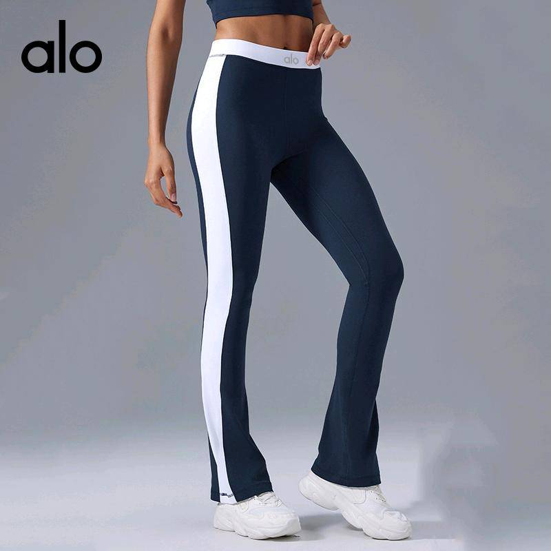 ALO YOGA💰93💎支持一件代发
aloyoga裸感撞色微喇裤外穿高腰提臀显瘦塑形健身瑜伽裤
【品牌】ALO 
【款号】D25092
【面料】锦纶/氨纶
【颜色】徽章蓝，黑色
【尺码】4，6，8，10，12
 专柜同款品质，厂家直销，货源充足，售后保障