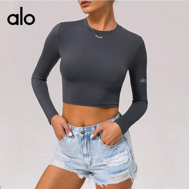 ALO YOGA 💰73💎支持一件代发
alo yoga 跨境无缝紧身纯色褶皱运动长袖高弹透气跑步健身瑜伽服
【品牌】AlO
【款号】TK001
【面料】锦纶/氨纶
【颜色】高级黑，蓝灰色，深咖，深铁灰
【尺码】S，M，L，XL
 专柜同款品质，厂家直销，货源充足，售后保障