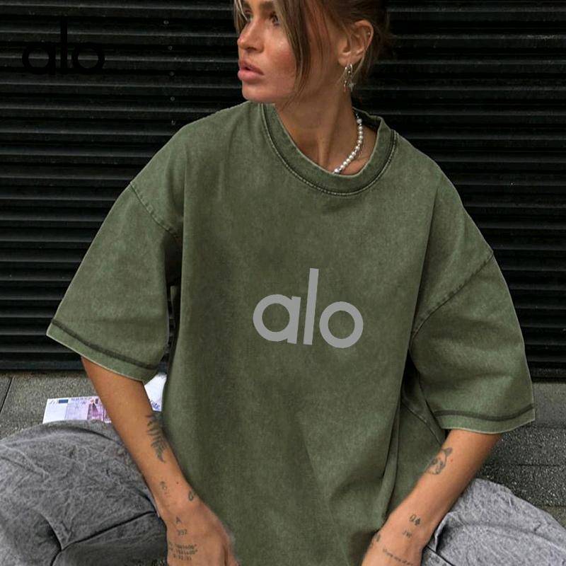 ALO YOGA💰70💎支持一件代发
aloyoga短袖T恤松弛感休闲圆领水洗磨毛短袖T恤
【品牌】ALO 
【款号】TX0036
【面料】棉
【颜色】草绿，黑色，军绿，咖色，蓝色，玫红，浅灰，杏色，紫色
【尺码】S，M，L，XL，2XL
 专柜同款品质，厂家直销，货源充足，售后保障