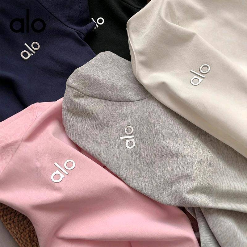 ALO YOGA💰58💎支持一件代发
aloyoga短袖简约休闲圆领短袖t恤短款弹力修身显瘦上衣
【品牌】ALO 
【款号】JY90041
【面料】棉，氨纶
【颜色】藏青色，粉红色，黑色，麻灰色，杏色
【尺码】S，M，L，XL
 专柜同款品质，厂家直销，货源充足，售后保障