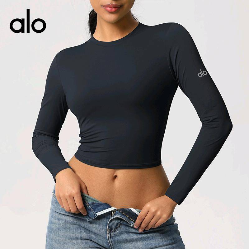 ALO YOGA💰68💎支持一件代发
aloyoga长袖紧身高弹瑜伽速干长袖T恤户外运动健身瑜伽服
【品牌】ALO 
【款号】CX7089
【面料】锦纶，氨纶
【颜色】板栗色，海军蓝，黑色，酒红色，蓝灰色，浅象牙
【尺码】S，M，L，XL
 专柜同款品质，厂家直销，货源充足，售后保障