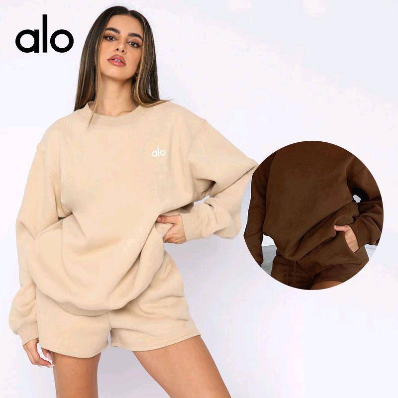 ALO YOGA 💰93💎支持一件代发
aloyoga  套装纯色圆领套头长袖卫衣女装时尚休闲百搭短裤套装
【品牌】AlO
【款号】211256
【面料】锦纶氨纶
【颜色】黑蓝色，黑色，咖啡色，兰色，绿色，奶奶灰，杏色
【尺码】S，M，L，XL，XXL
 专柜同款品质，厂家直销，货源充足，售后保障