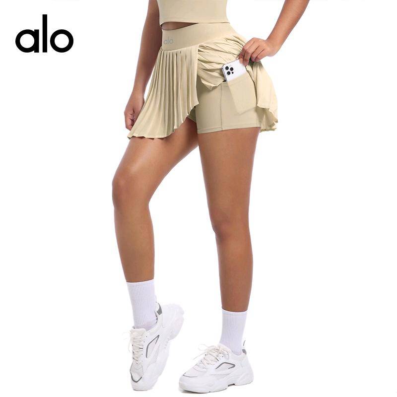 ALO YOGA 💰84💎支持一件代发
alo网球裙yoga假两件百褶裙女瑜伽健身短裙防走光速干夏半身裙
【品牌】AlO
【款号】7083
【面料】锦纶/氨纶
【颜色】海军蓝，黑色，梦幻紫，浅薄荷绿，浅驼色，浅象牙
【尺码】S，M，L，XL
 专柜同款品质，厂家直销，货源充足，售后保障