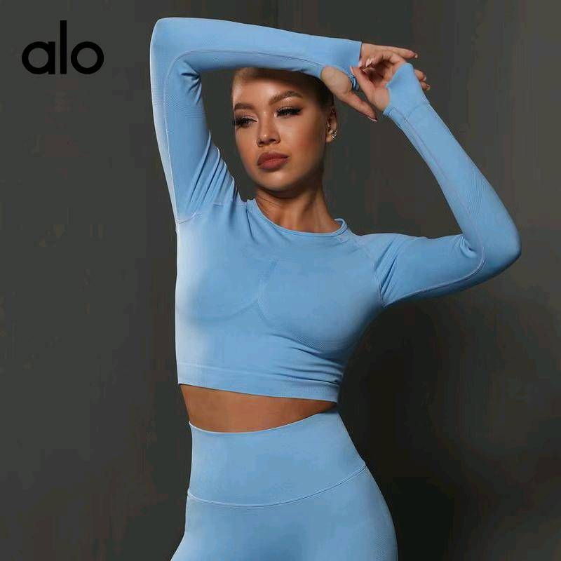 ALO YOGA 💰73💎支持一件代发
aloyoga 跨境无缝紧身纯色褶皱运动长袖高弹透气跑步健身瑜伽服
【品牌】ALO 
【款号】CX6600
【面料】锦纶/氨纶
【颜色】纯黑，大红，黄色，酒红，军绿，卡其，孔绿，蓝色，玫红，墨绿，墨青，浅灰，浅紫，深灰，深蓝，深紫，天蓝，因蓝，中灰，棕色
【尺码】S，M，L
 专柜同款品质，厂家直销，货源充足，售后保障