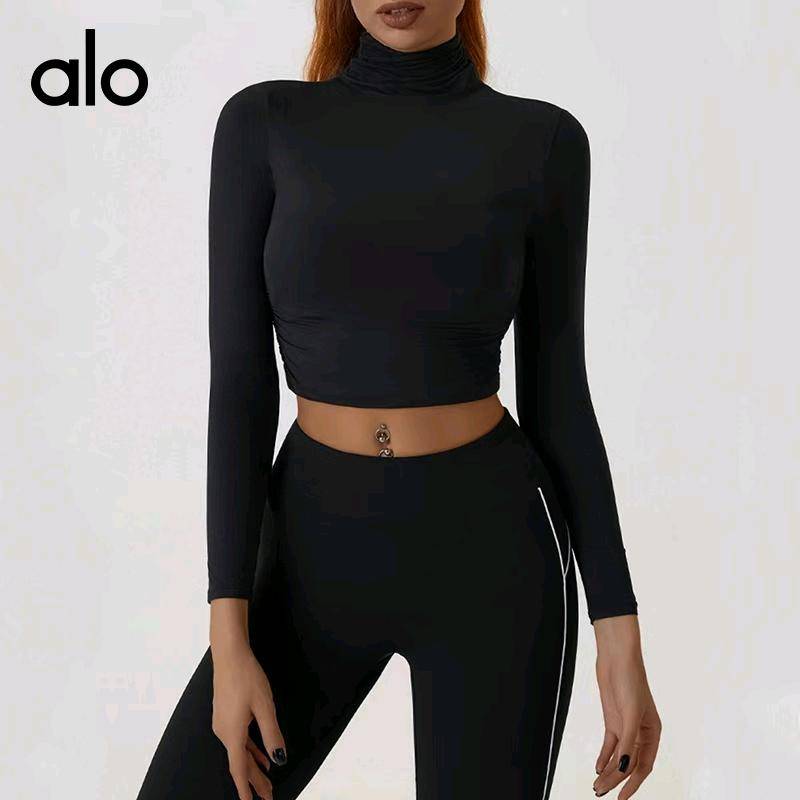 ALO YOGA 💰73💎支持一件代发
aloyoga 跨境瑜伽服长袖打底衫短款高领秋衣女露脐运动上衣
【品牌】ALO 
【款号】CX2771
【面料】棉
【颜色】黑色，可可色，白色
【尺码】S，M，L，XL
 专柜同款品质，厂家直销，货源充足，售后保障