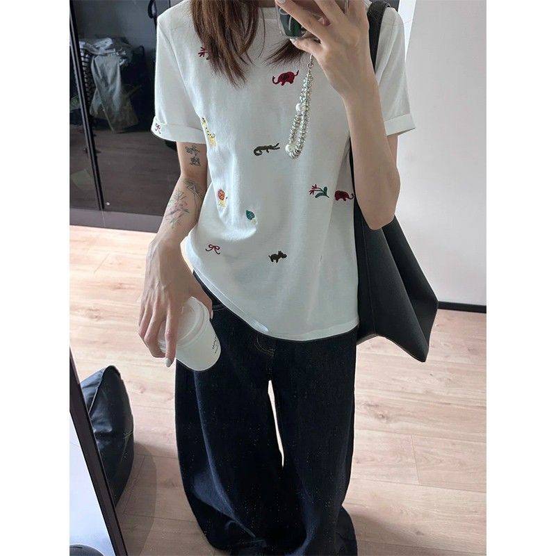 2025夏季刺绣纯棉220克精梳紧密短袖t恤女