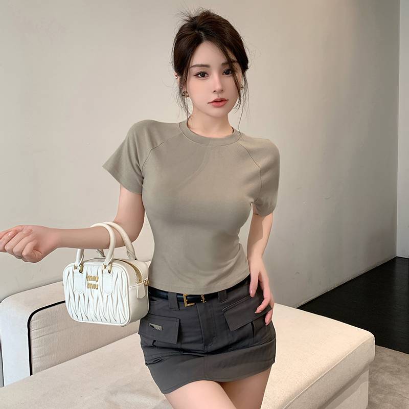 实拍 纯棉短款t恤女短袖夏季韩版高级感飞飞袖纯欲辣妹圆领上衣