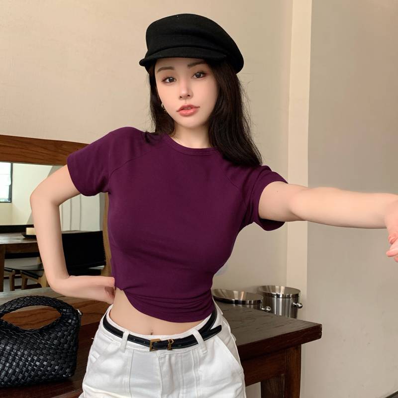 实拍 纯棉短款t恤女短袖夏季韩版高级感飞飞袖纯欲辣妹圆领上衣
