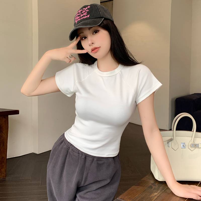 实拍 纯棉短款t恤女短袖夏季韩版高级感飞飞袖纯欲辣妹圆领上衣