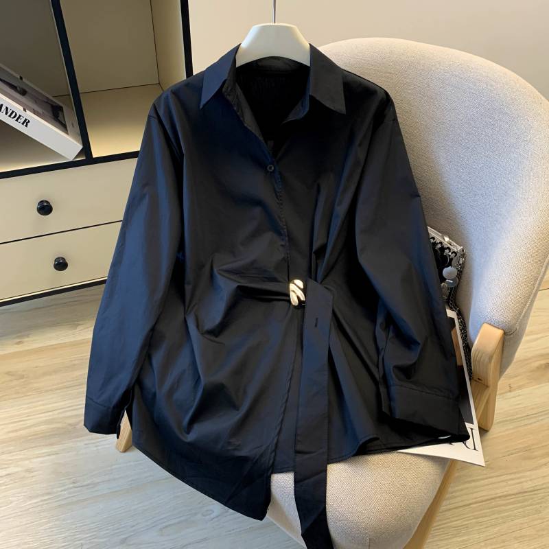 实拍春季新款设计感小众纯棉金属装饰收腰显瘦宽松长袖衬衫女上衣