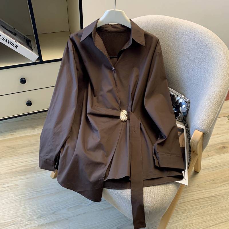 实拍春季新款设计感小众纯棉金属装饰收腰显瘦宽松长袖衬衫女上衣