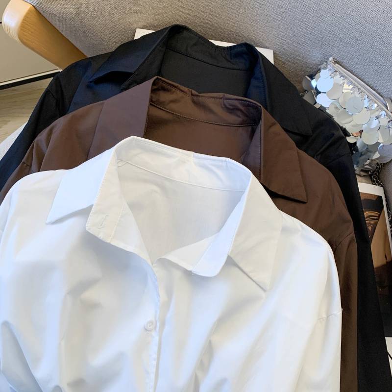 实拍春季新款设计感小众纯棉金属装饰收腰显瘦宽松长袖衬衫女上衣