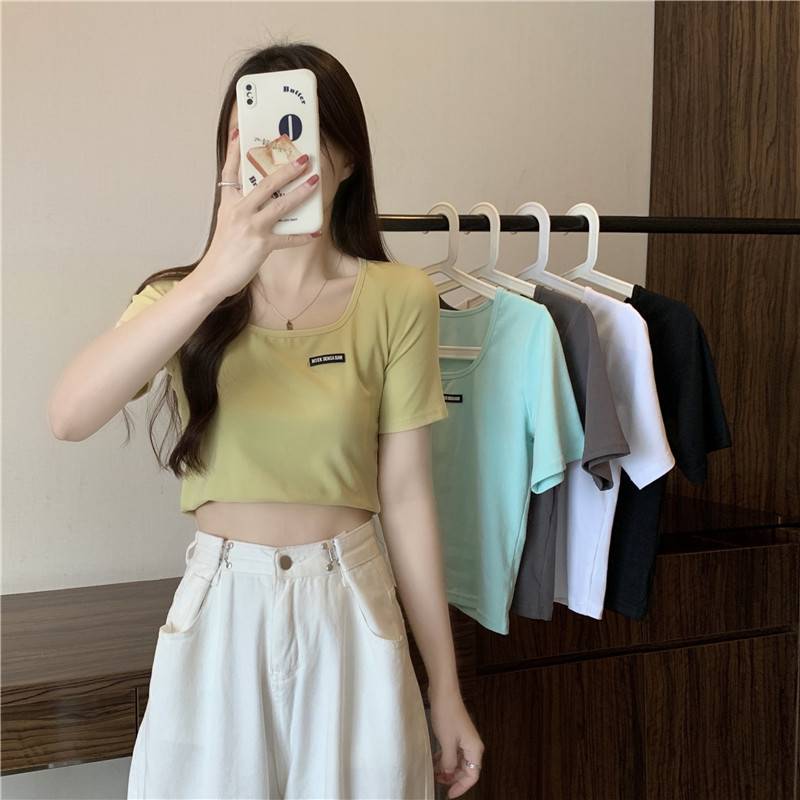 实拍纯棉罗纹超火方领正肩短袖T恤女